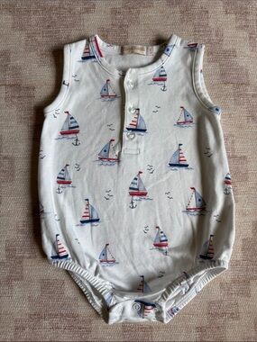 Baby Club Chic Sailboat Print Sleeveless  Romper White with Red & Blue 6-9M